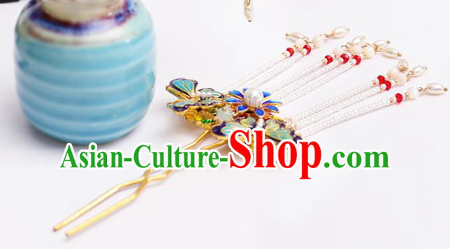 Handmade Chinese Classical Blueing Butterfly Hairpins Traditional Hair Accessories Ancient Hanfu Tassel Hair Clip for Women
