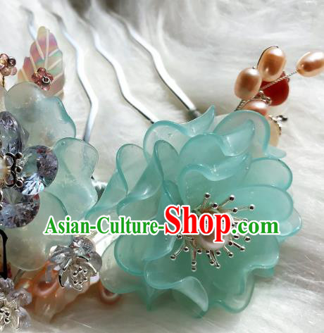 Handmade Chinese Court Green Peony Hair Comb Traditional Classical Hair Accessories Ancient Qing Dynasty Pearls Hairpins for Women