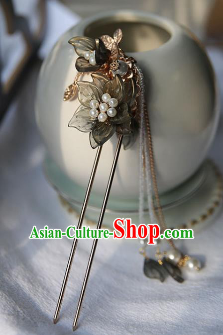 Handmade Chinese Beads Tassel Hair Clip Traditional Classical Hanfu Hair Accessories Ancient Grey Lotus Hairpins for Women