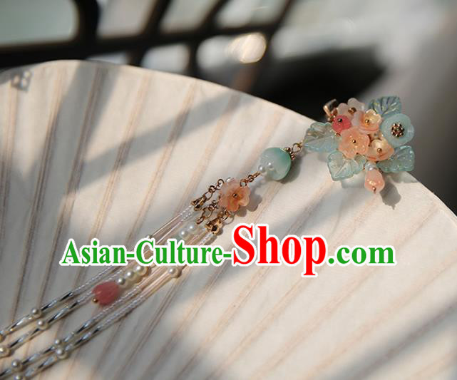 Handmade Chinese Beads Tassel Hair Claw Traditional Classical Hanfu Hair Accessories Ancient Pink Flowers Hairpins for Women