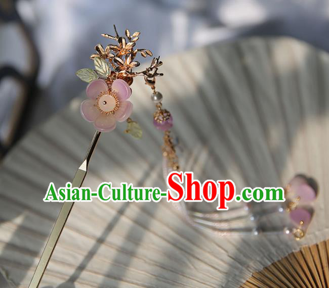 Handmade Chinese Golden Hair Clip Traditional Classical Hanfu Hair Accessories Ancient Pink Plum Hairpins for Women