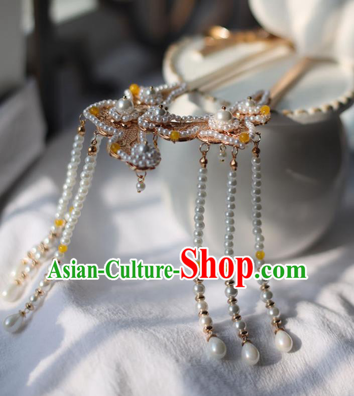 Handmade Chinese Song Dynasty Hair Clip Traditional Classical Hanfu Hair Accessories Ancient Empress Pearls Tassel Hairpins for Women