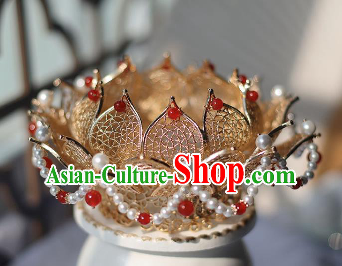 Handmade Chinese Classical Golden Lotus Hair Crown Traditional Hair Accessories Ancient Hanfu Red Beads Hairpins for Women