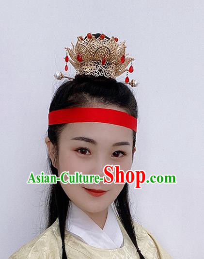 Handmade Chinese Classical Red Beads Hair Crown Traditional Hair Accessories Ancient Hanfu Golden Lotus Hairpins for Women