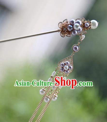 Handmade Chinese Classical Purple Beads Hair Clip Traditional Hair Accessories Ancient Hanfu Golden Tassel Pearls Hairpins for Women