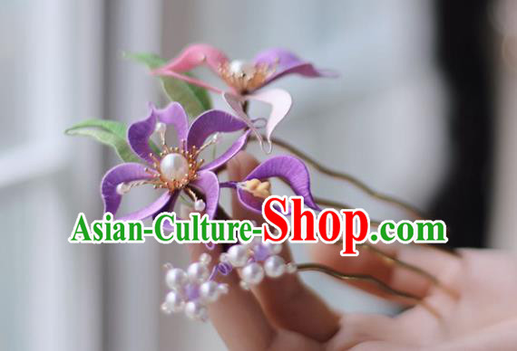 Handmade Chinese Classical Purple Silk Flower Hair Clip Traditional Hair Accessories Ancient Hanfu Court Hairpins for Women