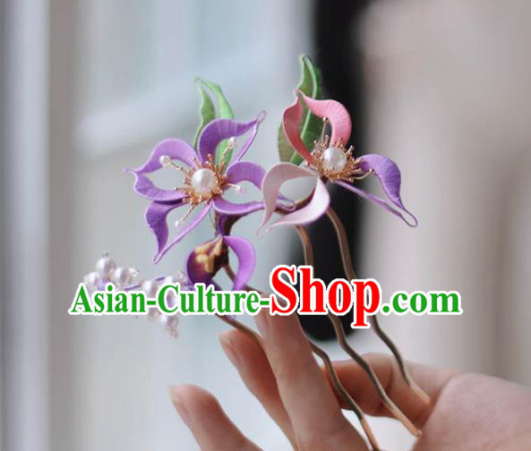 Handmade Chinese Classical Purple Silk Flower Hair Clip Traditional Hair Accessories Ancient Hanfu Court Hairpins for Women