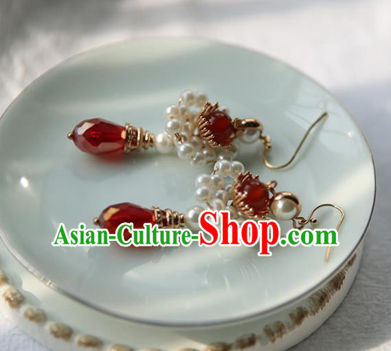 Traditional Chinese Handmade Red Earrings Ancient Hanfu Beads Ear Accessories for Women