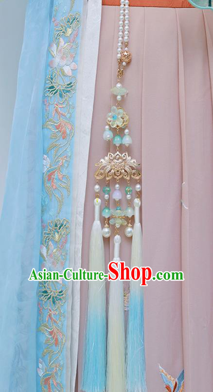 Top Grade Chinese Classical Blue Tassel Waist Accessories Handmade Ancient Golden Lotus Belt Pendant for Women