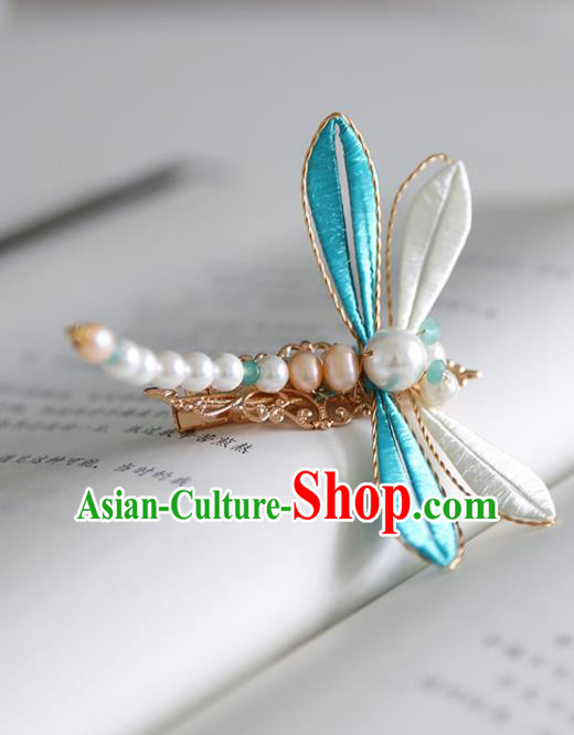 Handmade Chinese Classical Pearls Hairpins Traditional Hair Accessories Ancient Hanfu Blue Silk Dragonfly Hair Claw for Women