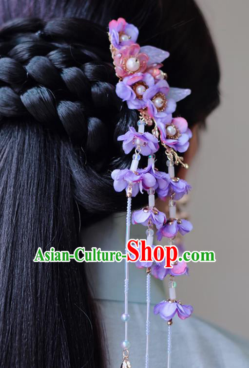 Handmade Chinese Classical Purple Silk Wisteria Hair Claw Traditional Hair Accessories Ancient Hanfu Hairpins Tassel Hair Stick for Women