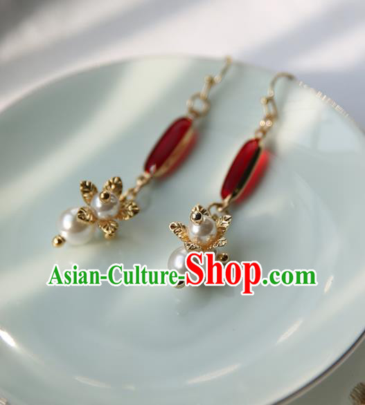 Traditional Chinese Handmade Red Gem Earrings Ancient Hanfu Ear Accessories for Women