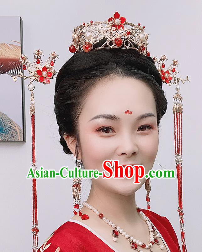 Chinese Classical Wedding Hair Crown Traditional Hanfu Hair Accessories Handmade Bride Tassel Hairpins Complete Set