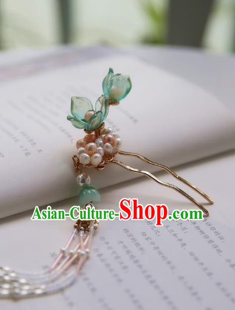 Handmade Chinese Classical Pearls Tassel Hairpins Traditional Hair Accessories Ancient Hanfu Green Lotus Hair Clip for Women