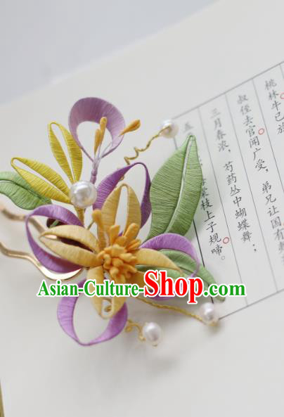 Handmade Chinese Classical Purple Silk Flowers Hairpins Traditional Hair Accessories Ancient Qing Dynasty Court Hair Clip for Women