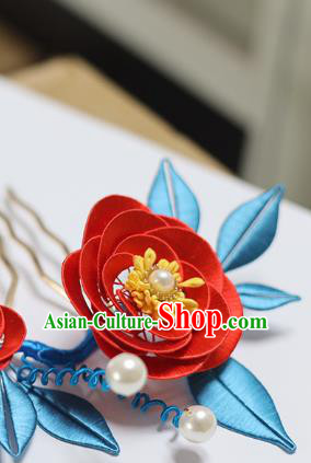 Handmade Chinese Classical Silk Flowers Hairpins Traditional Hair Accessories Ancient Qing Dynasty Court Red Camellia Hair Clip for Women