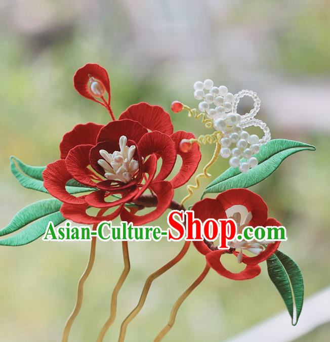 Handmade Chinese Classical Silk Flowers Hairpins Traditional Hair Accessories Ancient Qing Dynasty Court Red Peony Hair Comb for Women