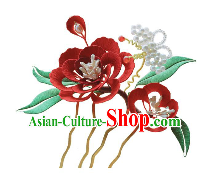 Handmade Chinese Classical Silk Flowers Hairpins Traditional Hair Accessories Ancient Qing Dynasty Court Red Peony Hair Comb for Women