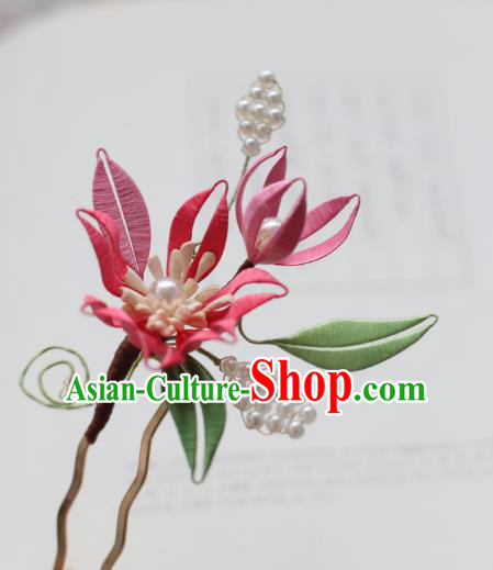 Handmade Chinese Classical Court Hairpins Traditional Hair Accessories Ancient Qing Dynasty Pink Silk Flower Hair Clip for Women
