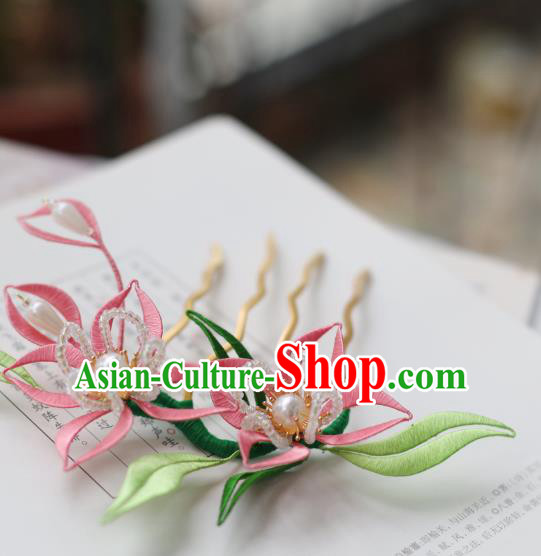 Handmade Chinese Classical Court Pearls Hairpins Traditional Hair Accessories Ancient Qing Dynasty Pink Silk Flower Hair Comb for Women