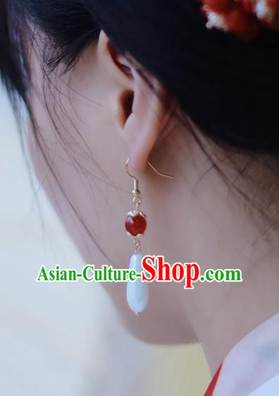 Traditional Chinese Handmade Red Agate Earrings Ancient Hanfu Pearl Ear Accessories for Women