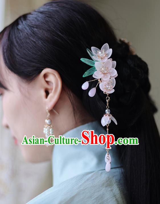 Handmade Chinese Classical Pink Sakura Hairpins Traditional Hair Accessories Ancient Hanfu Tassel Hair Claws for Women