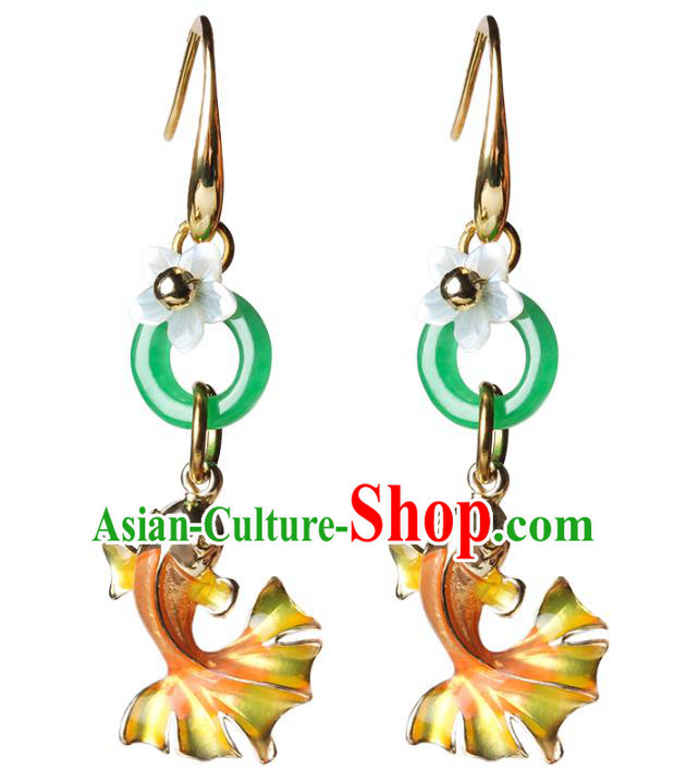 Traditional Chinese Goldfish Ear Accessories Handmade Eardrop National Cheongsam Green Jade Ring Earrings for Women