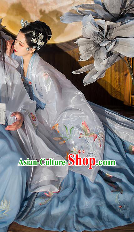 Chinese Traditional Tang Dynasty Court Woman Hanfu Garment Ancient Princess Historical Costumes White Cloak Blouse and Blue Dress Full Set