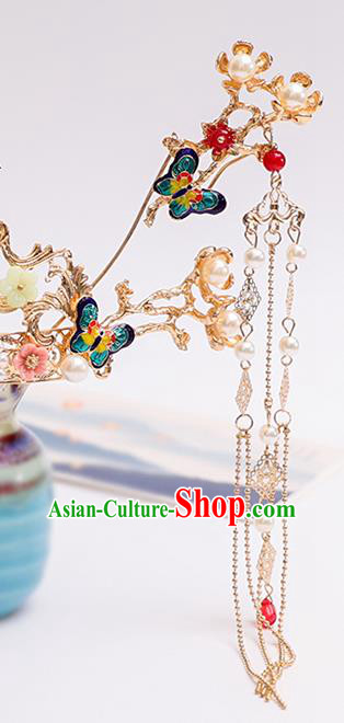 Chinese Classical Wedding Cloisonne Butterfly Hair Crown Traditional Bride Hair Accessories Handmade Hanfu Tassel Hairpins Complete Set