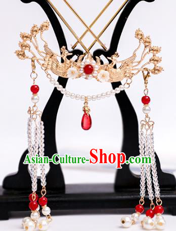 Chinese Classical Wedding Golden Phoenix Hair Crown Traditional Bride Hair Accessories Handmade Hanfu Pearls Tassel Hairpins