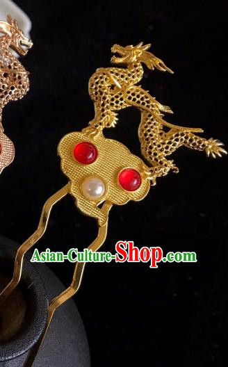Handmade Chinese Tang Dynasty Golden Dragon Hair Clip Traditional Hair Accessories Ancient Court Red Agete Hairpins for Women