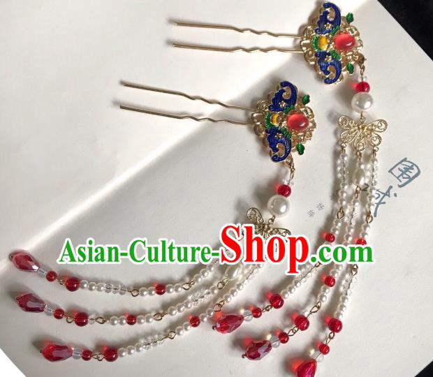Handmade Chinese Qing Dynasty Tassel Hair Clip Traditional Hair Accessories Ancient Court Queen Blueing Bat Hairpins for Women