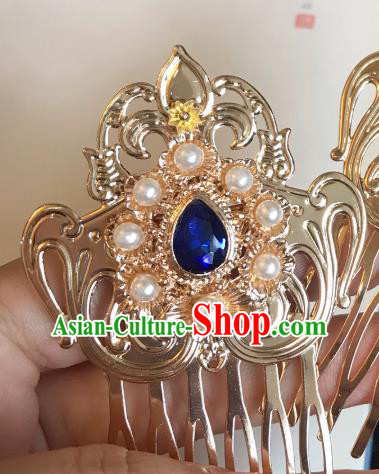 Handmade Chinese Tang Dynasty Golden Hair Comb Traditional Hair Accessories Ancient Court Royalblue Crystal Hairpins for Women