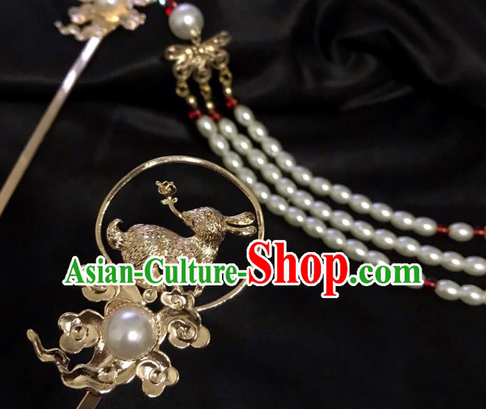 Handmade Chinese Tang Dynasty Pearls Tassel Hair Clip Traditional Hair Accessories Ancient Golden Rabbit Hairpins for Women