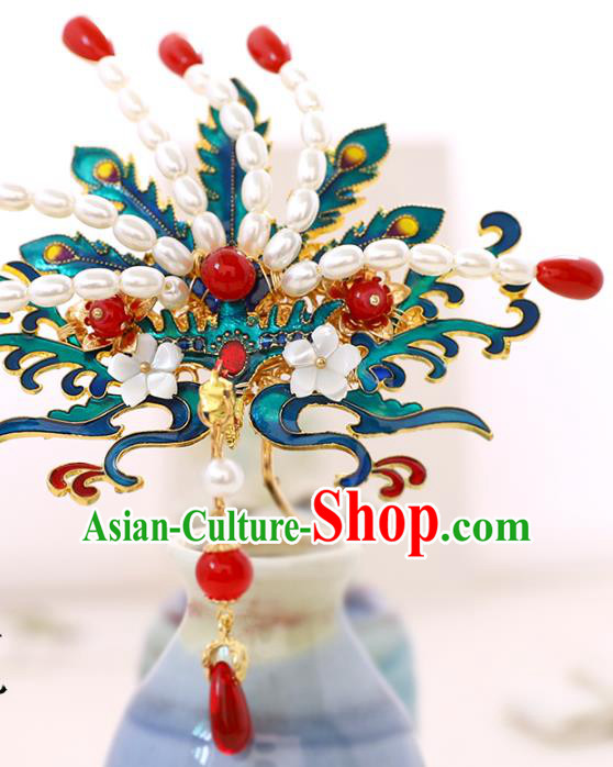 Chinese Classical Wedding Pearls Phoenix Hair Crown Traditional Bride Hair Accessories Handmade Hanfu Cloisonne Hair Comb
