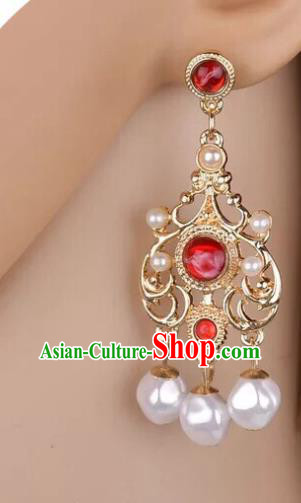 Chinese Handmade Hanfu Red Crystal Earrings Traditional Ear Jewelry Accessories Classical Golden Eardrop for Women