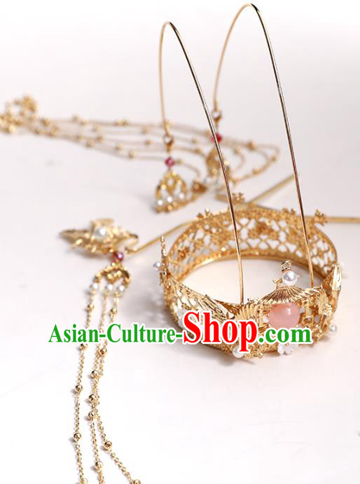 Chinese Classical Wedding Golden Crane Tassel Hair Crown Traditional Bride Hair Accessories Handmade Hanfu Round Phoenix Coronet