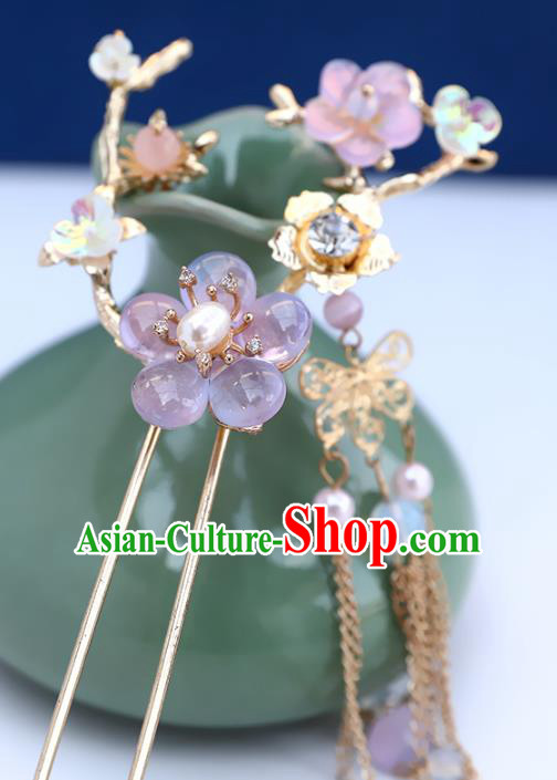 Handmade Chinese Classical Lilac Plum Hairpins Traditional Hair Accessories Ancient Hanfu Court Tassel Hair Clip for Women