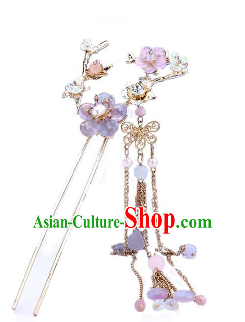 Handmade Chinese Classical Lilac Plum Hairpins Traditional Hair Accessories Ancient Hanfu Court Tassel Hair Clip for Women