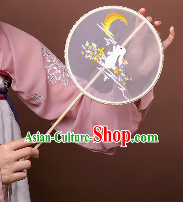Handmade Chinese Traditional Dance Silk Fan Accessories Decoration Hanfu Embroidered Rabbit Moon Palace Fan for Women