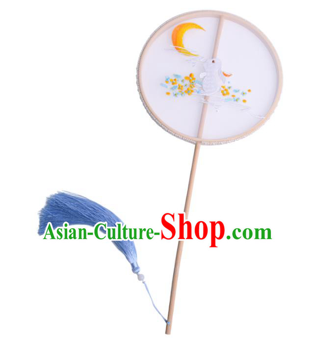 Handmade Chinese Traditional Dance Silk Fan Accessories Decoration Hanfu Embroidered Rabbit Moon Palace Fan for Women