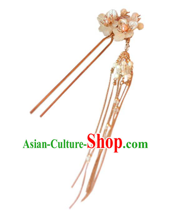 Handmade Chinese Classical Shell Plum Hair Clip Traditional Hair Accessories Ancient Hanfu Golden Tassel Hairpins for Women