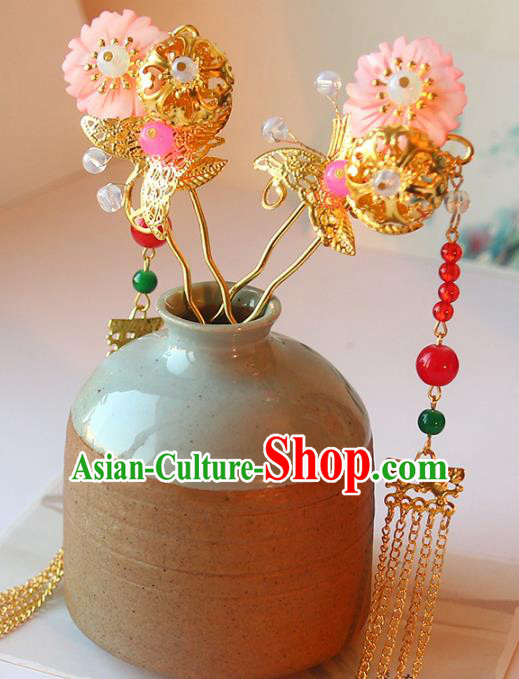 Handmade Chinese Classical Plum Hair Clip Traditional Hair Accessories Ancient Hanfu Golden Butterfly Tassel Hairpins for Women