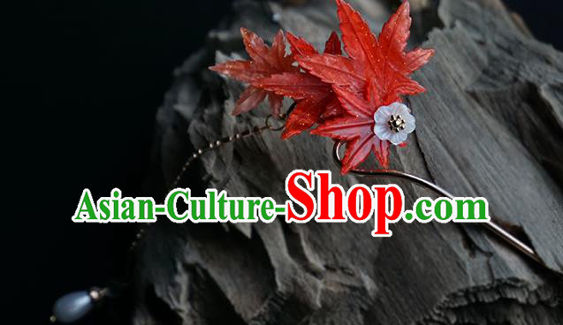 Handmade Chinese Classical Red Maple Leaf Hair Clip Traditional Hair Accessories Ancient Hanfu Pearl Tassel Hairpins for Women