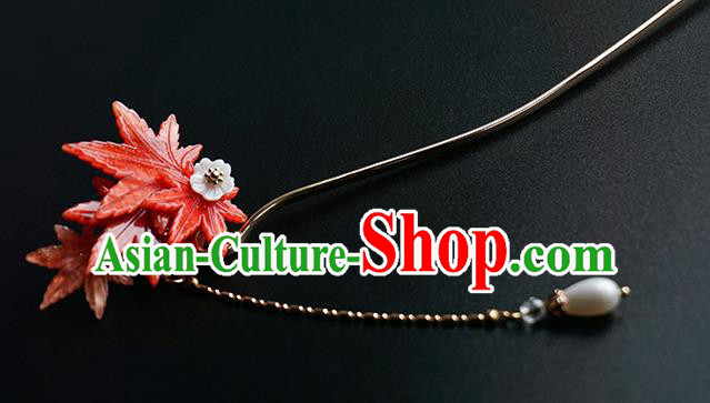 Handmade Chinese Classical Red Maple Leaf Hair Clip Traditional Hair Accessories Ancient Hanfu Pearl Tassel Hairpins for Women