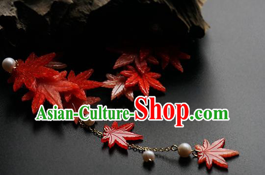 Handmade Chinese Classical Red Maple Leaf Hair Claw Traditional Hair Accessories Ancient Hanfu Tassel Hair Stick for Women