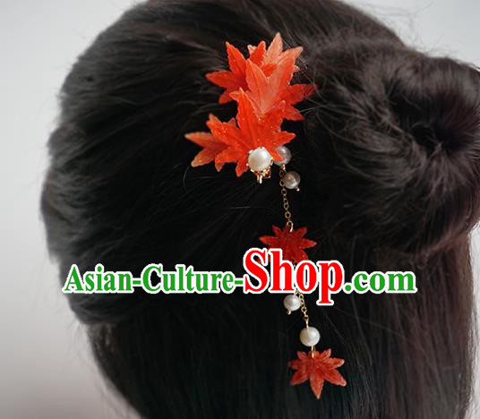 Handmade Chinese Classical Red Maple Leaf Hair Claw Traditional Hair Accessories Ancient Hanfu Tassel Hair Stick for Women