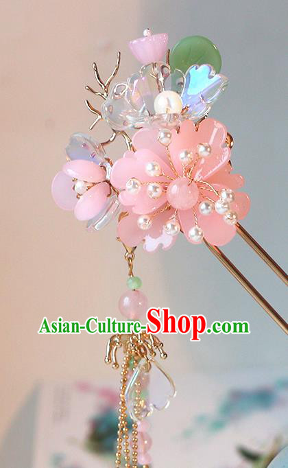 Handmade Chinese Classical Pink Plum Hair Clip Traditional Hair Accessories Ancient Hanfu Tassel Hairpins for Women