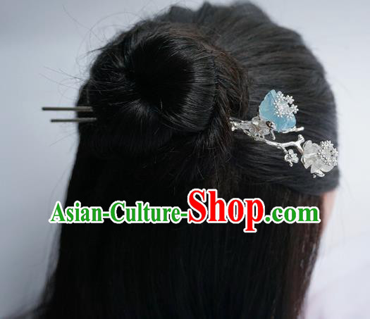Handmade Chinese Blue Plum Hair Clip Traditional Hair Accessories Ancient Hanfu Classical Argent Hairpins for Women