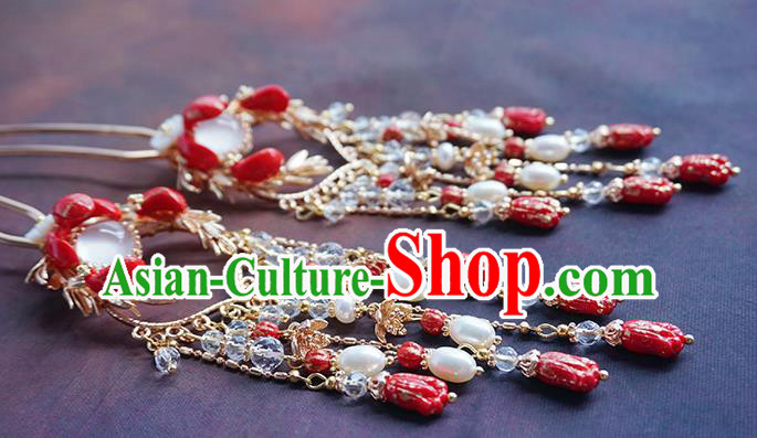Handmade Chinese Red Beads Tassel Hair Clip Traditional Hair Accessories Ancient Hanfu Classical Albite Hairpins for Women